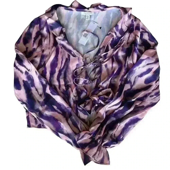 Topshop Tie Dye Ruffle Lightweight TieFront Peasant Sleeve Blouse Purple Sz6 NWT - Picture 5 of 8
